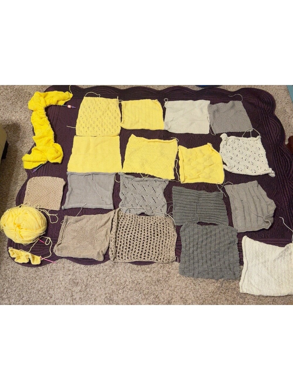 17 Hand Knit Crochet Afghan Squares + WIP Yarn Needle Estate Craft Lot handmade